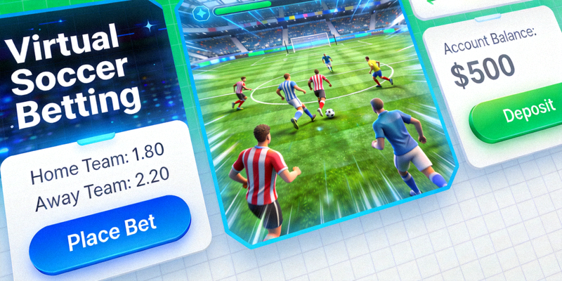 가상 축구 경기 시뮬레이션 화면을 보여주는 가상 스포츠 베팅 페이지 이미지