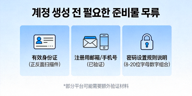 계정 생성 전 필요한 준비물 목록을 보여주는 개념 이미지