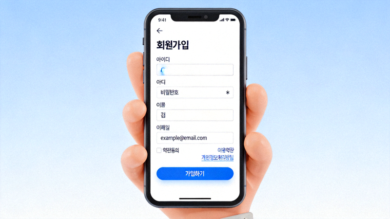 회원가입 양식에 정보를 입력하는 과정을 보여주는 예시 이미지