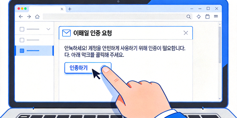 이메일 수신함과 인증 링크를 클릭하는 과정을 묘사한 이미지
